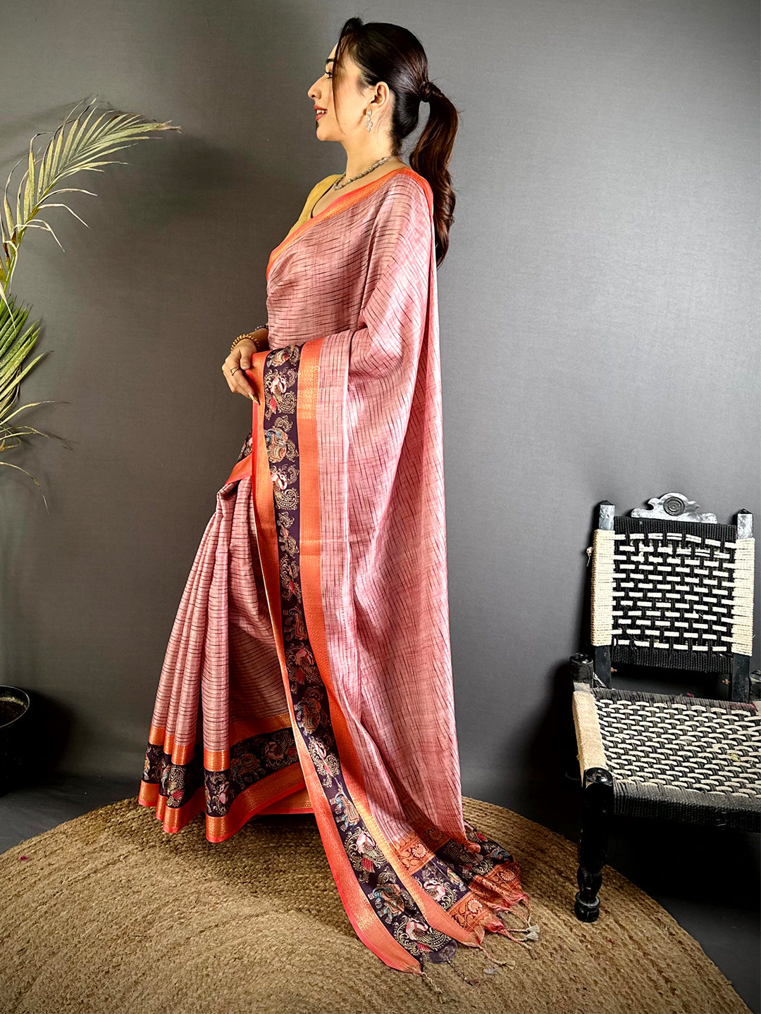 Blush Pink Tanjore Print Silk Saree