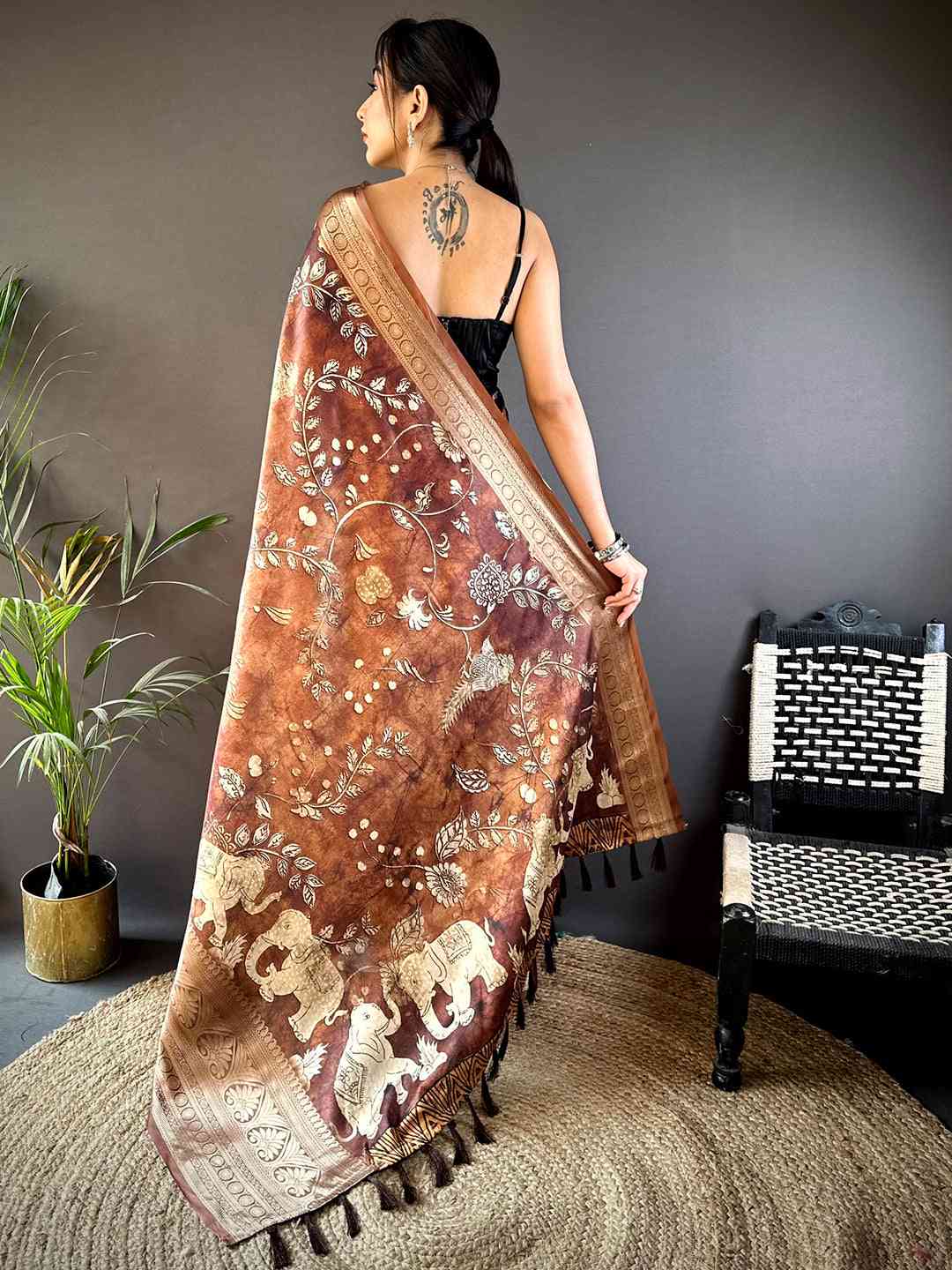 Brown Soft Silk Animal Bandhej Saree