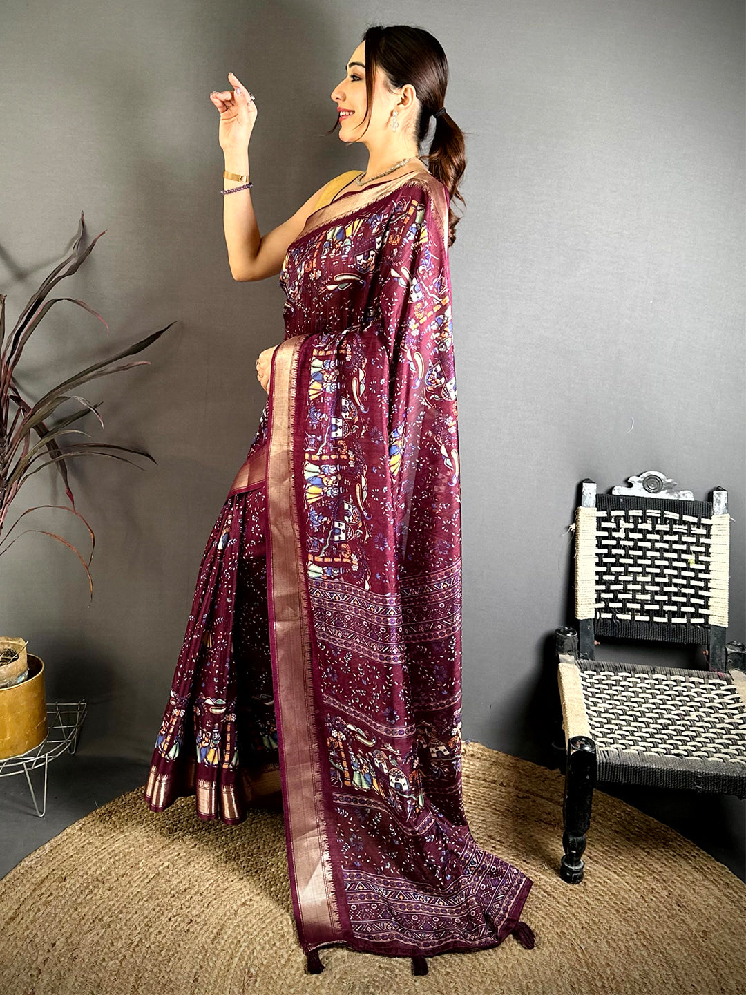 Brown Pen Kalamkari Soft Dola Zari Saree