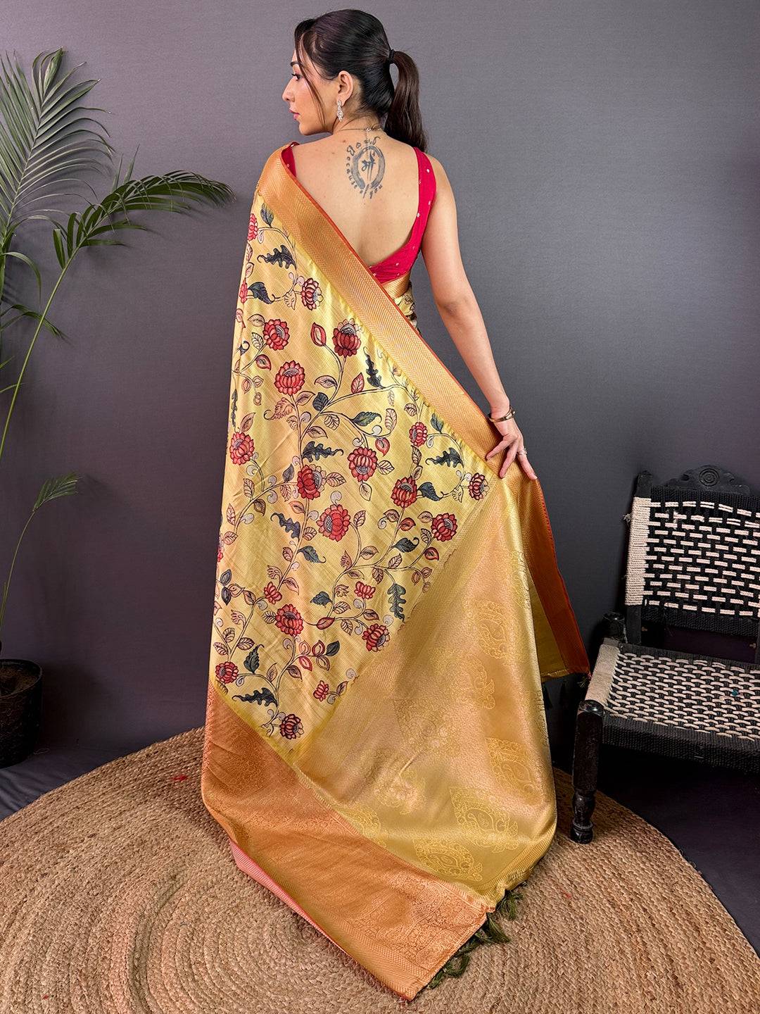 Lemon Yellow Cherry Satin Kalamkari Saree