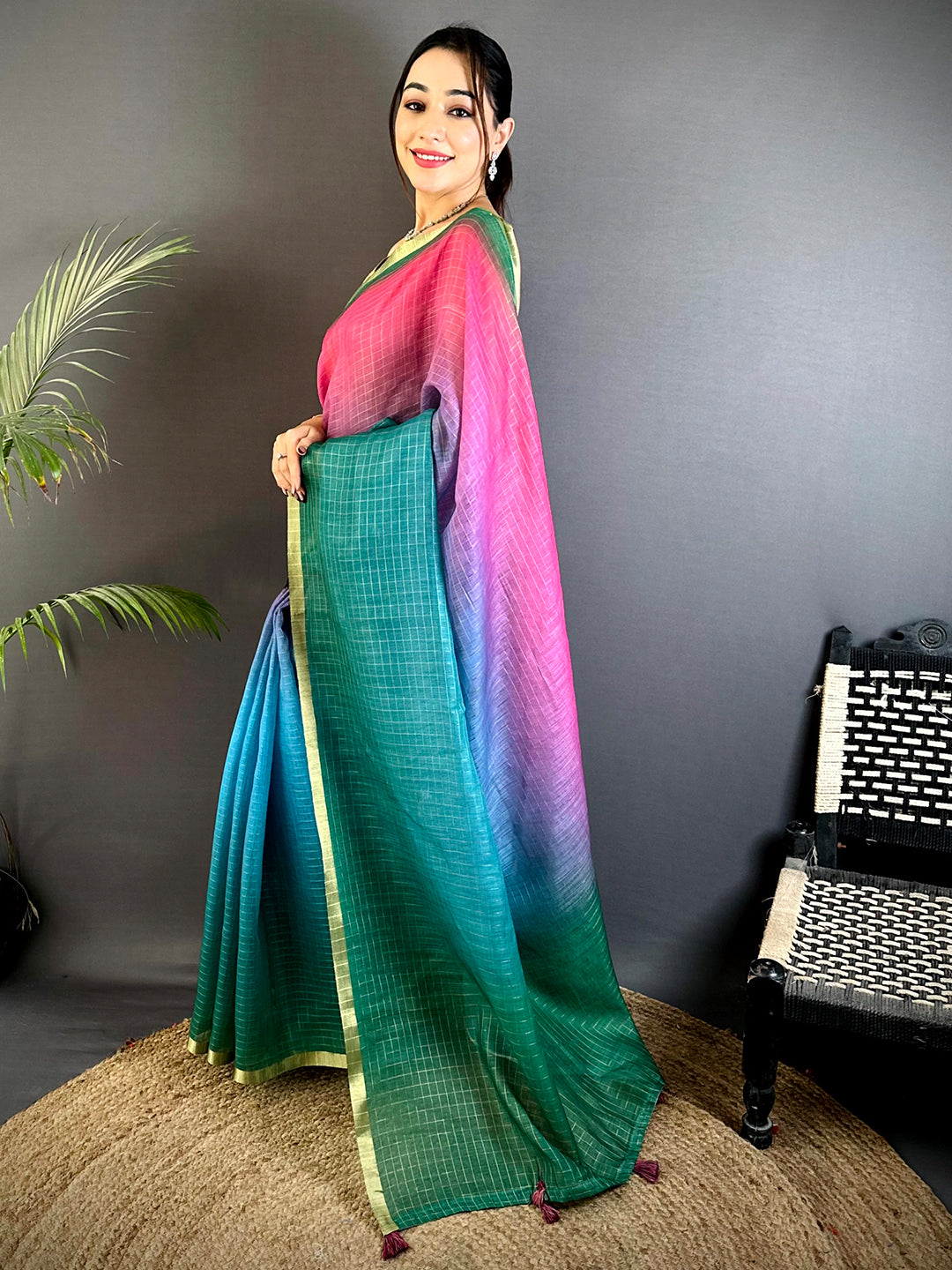 Radiance Linen 90 Zari Check Saree