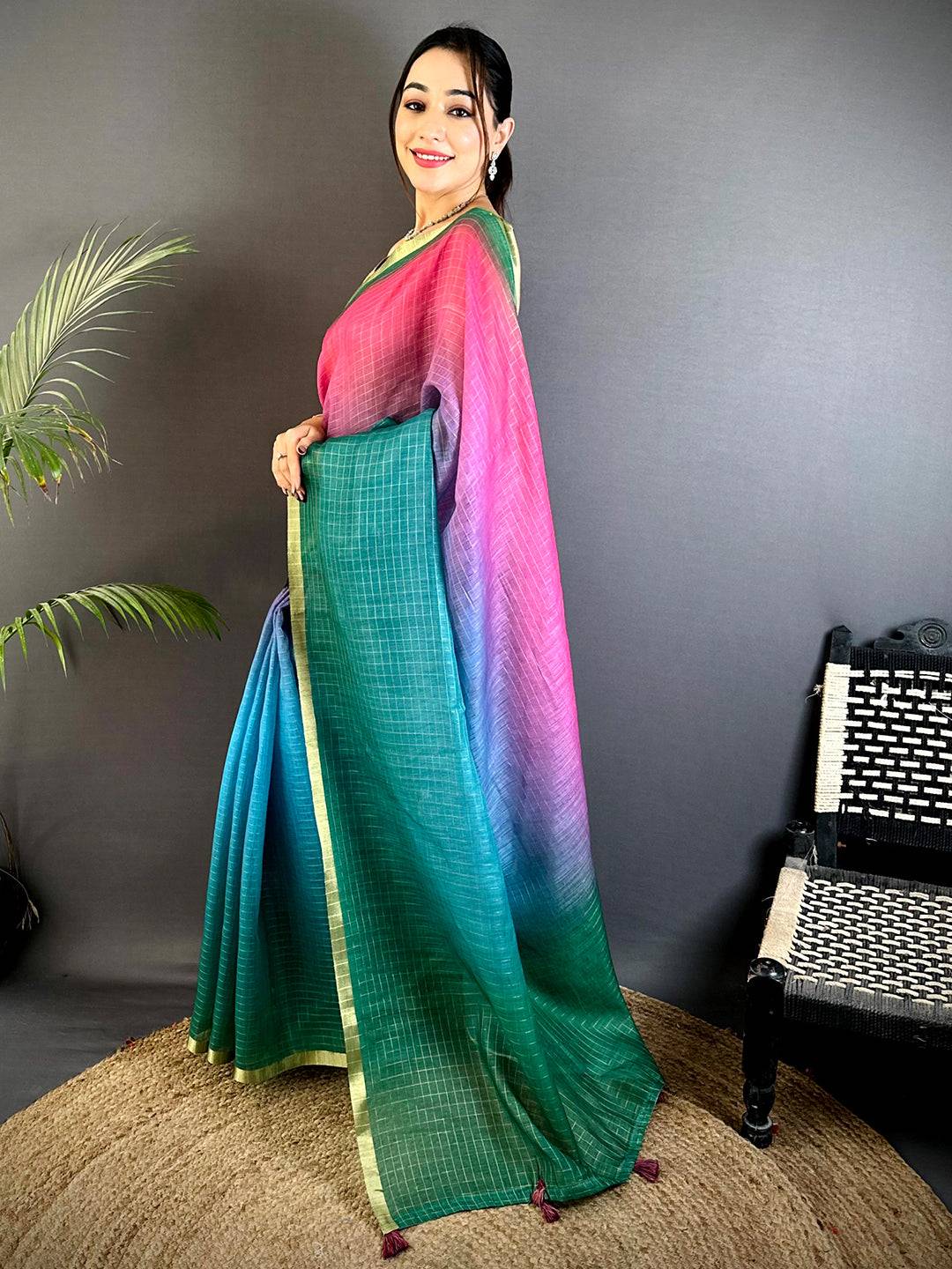Radiance Linen 90 Zari Check Saree