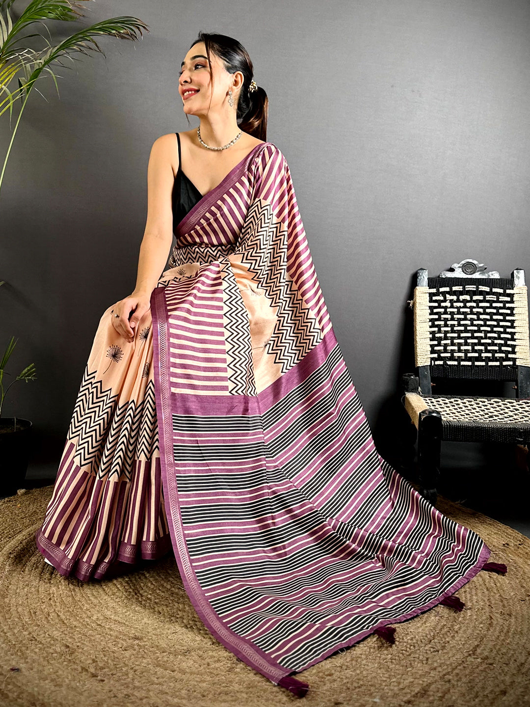Elegant Tussar Ghicha Geometric Fusion Saree
