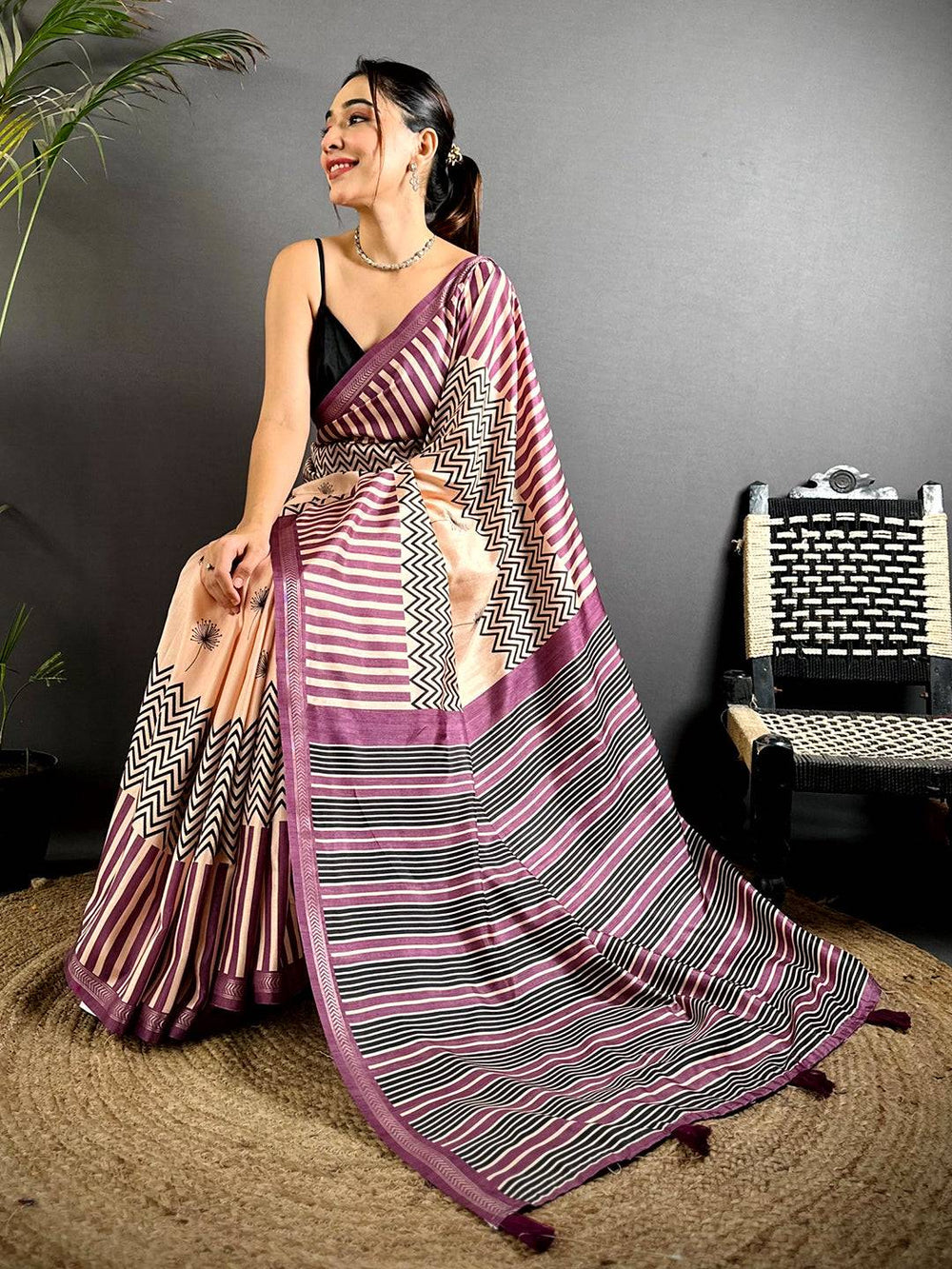 Elegant Tussar Ghicha Geometric Fusion Saree