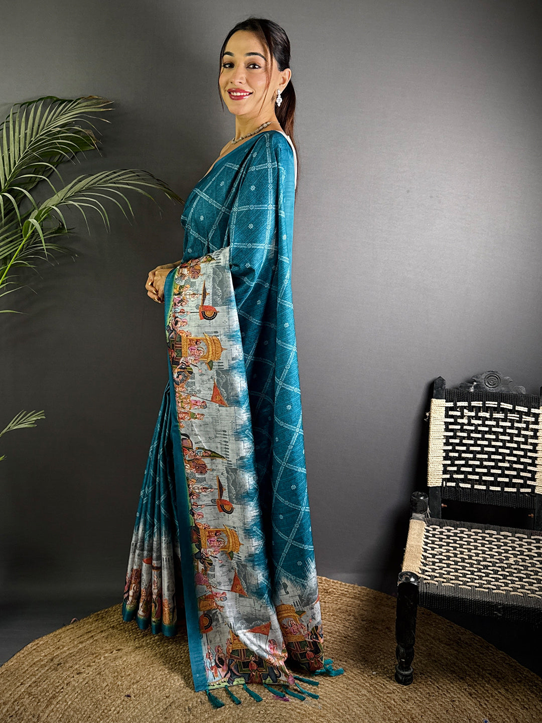 Teal Kalamkari Digital Printed Saree