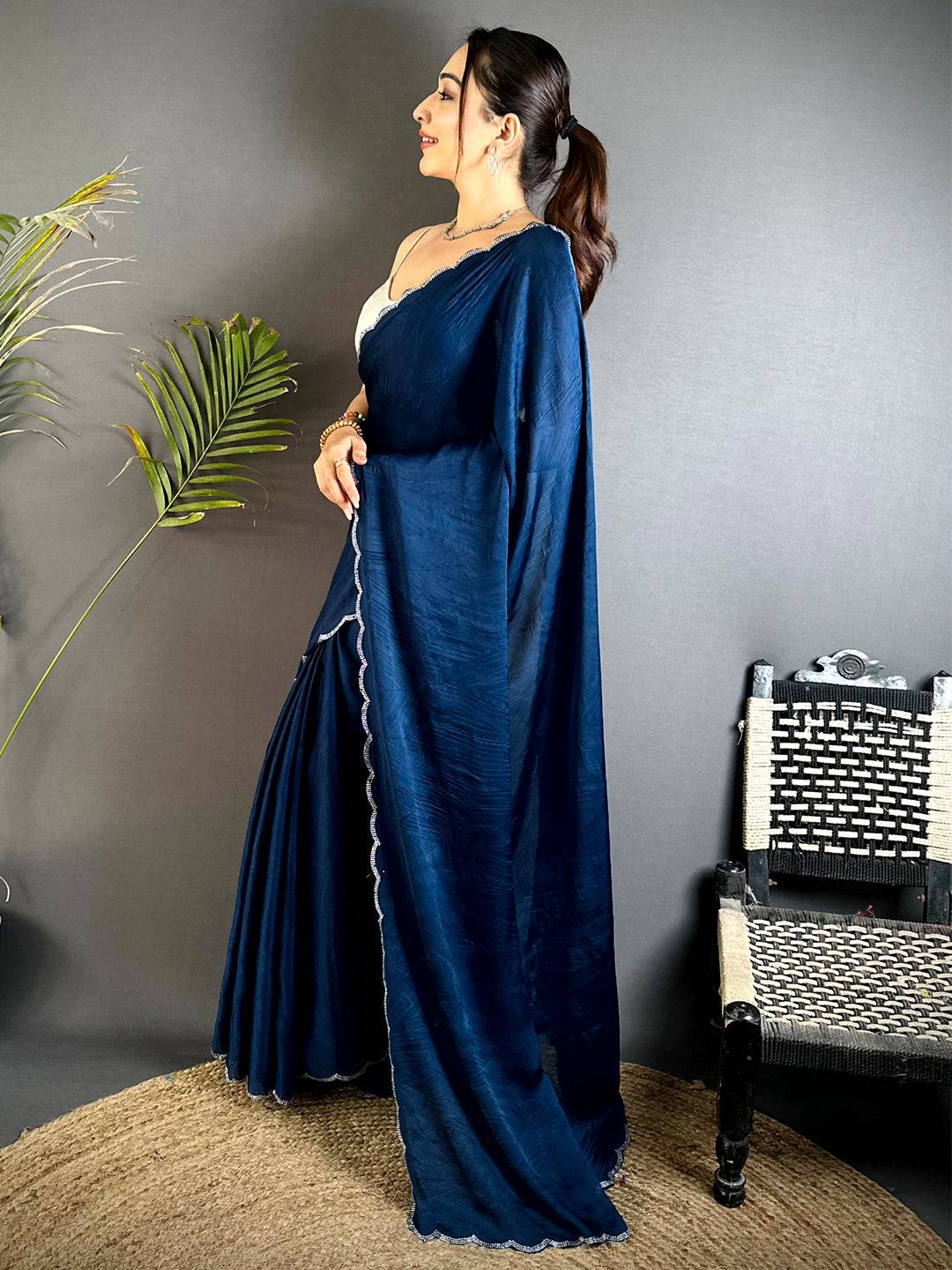 Navy Swarovski Silk Crush Saree