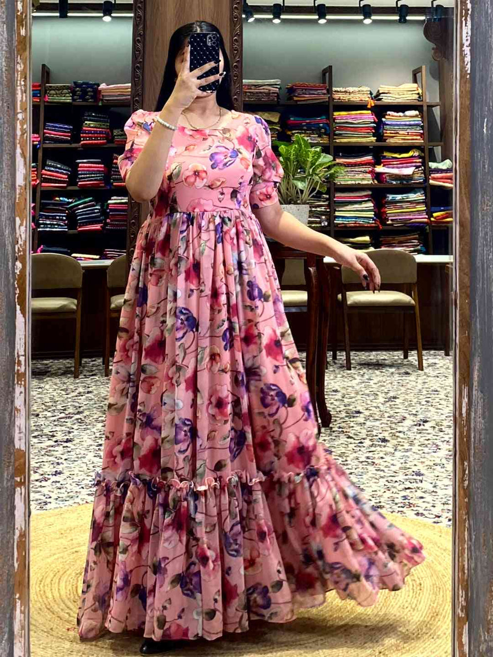 Salmon Pink Floral Georgette Dress