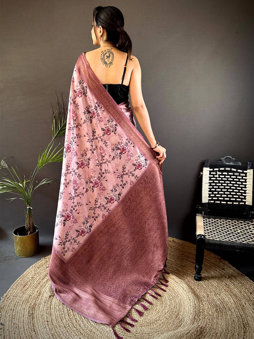 Graceful Black Aura Silk Floral Print Saree