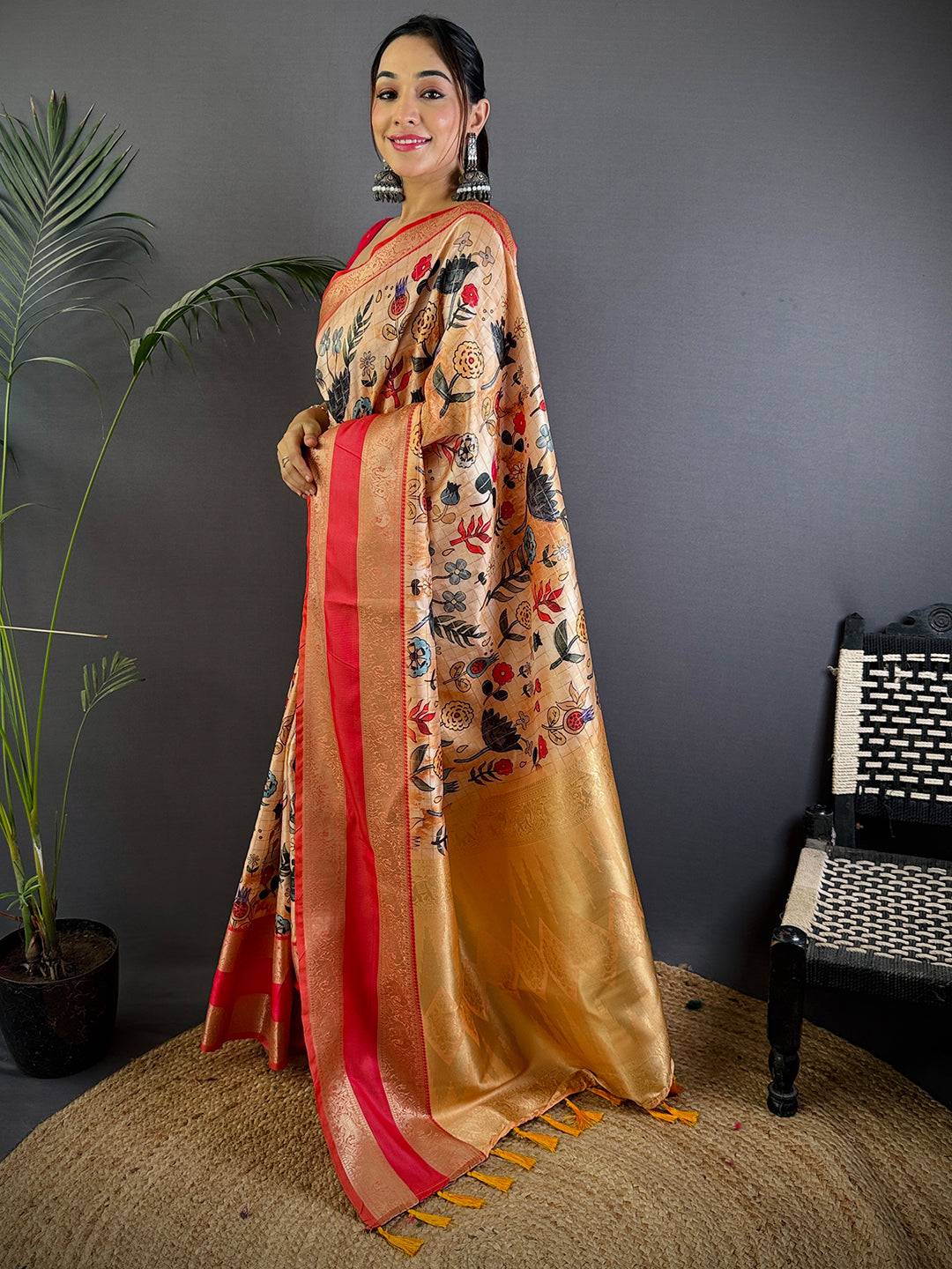 Beige Soft Silk Gadwal Kalamkari Saree