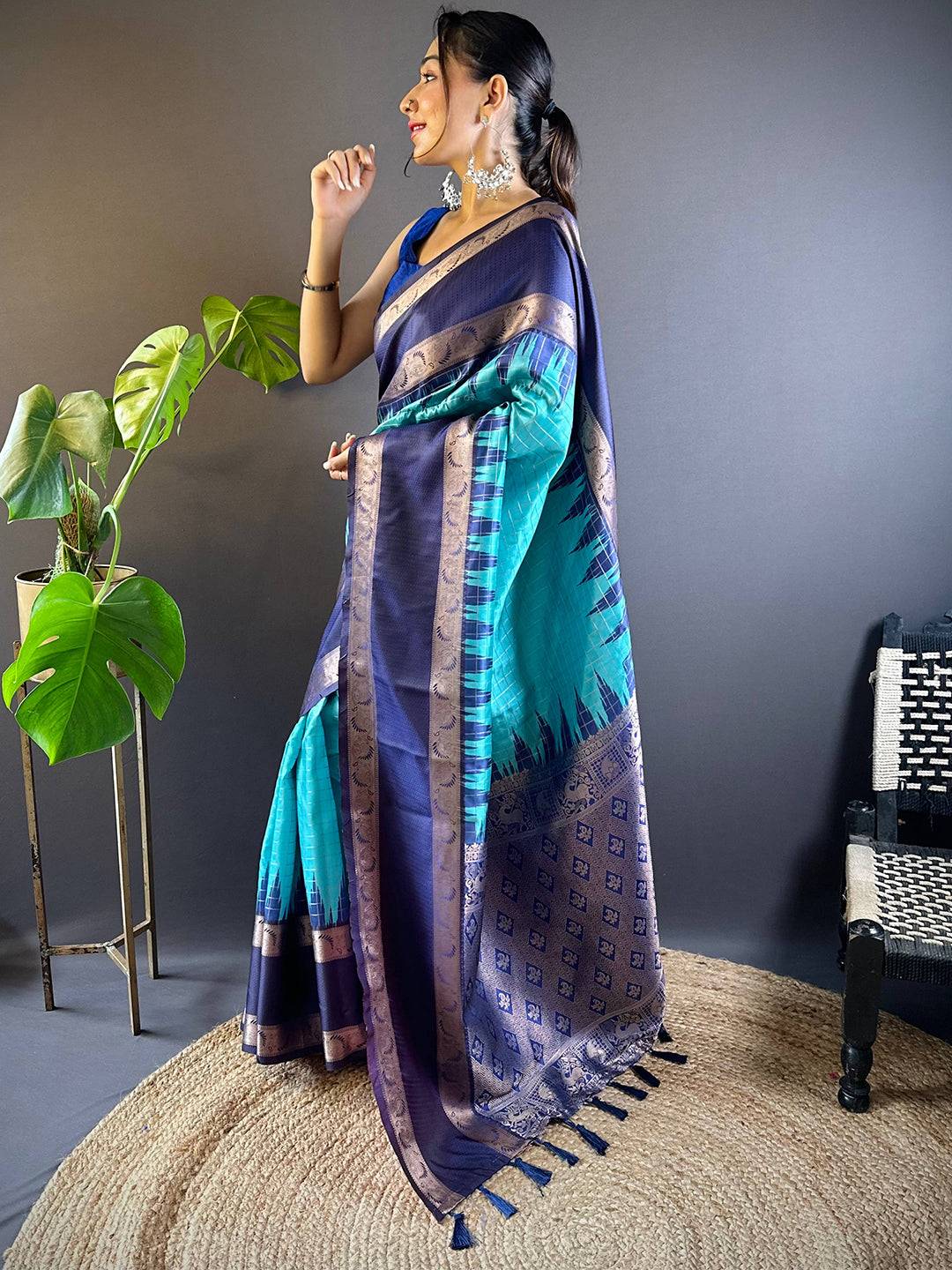 Blue Rettapet Zari Chex Banarasi Silk Saree