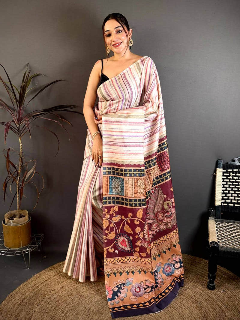 Designer Kalamkari Stripe Pattern Saree