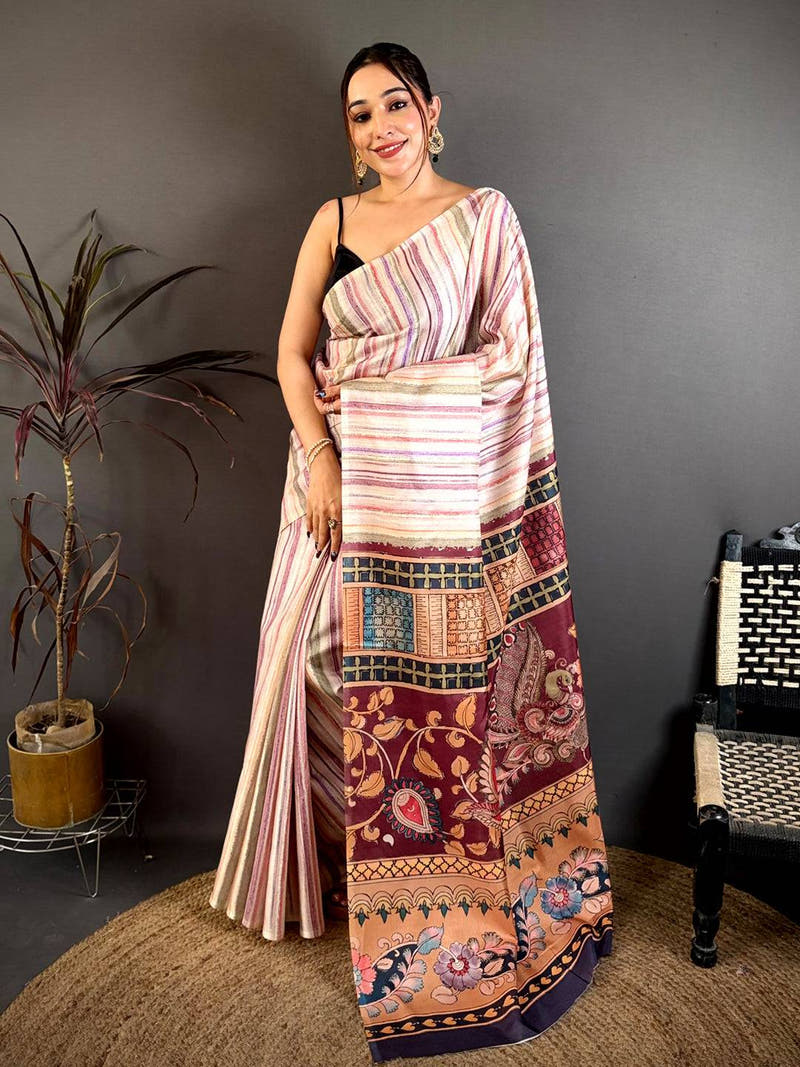 Designer Kalamkari Stripe Pattern Saree