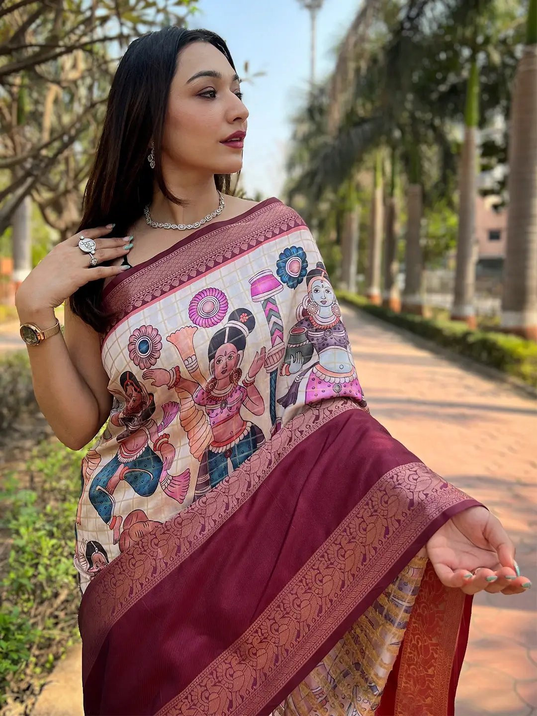 Close-up of Banarasi silk saree with detailed artwork