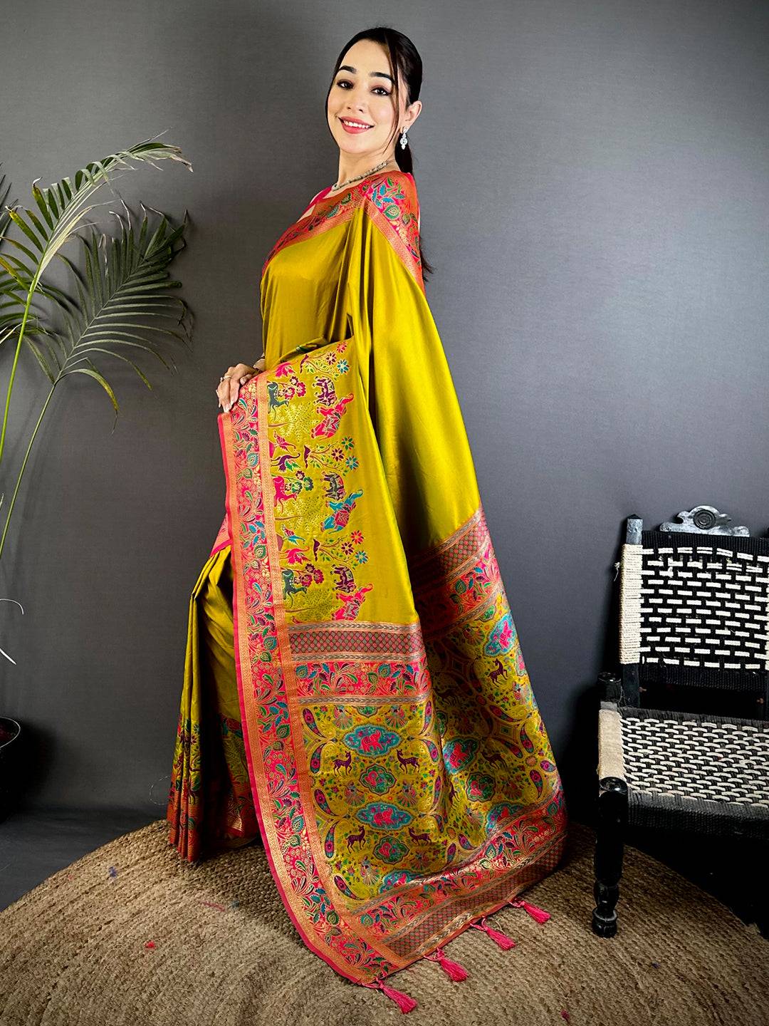 Green Soft Semi Silk Minakari Weave Saree