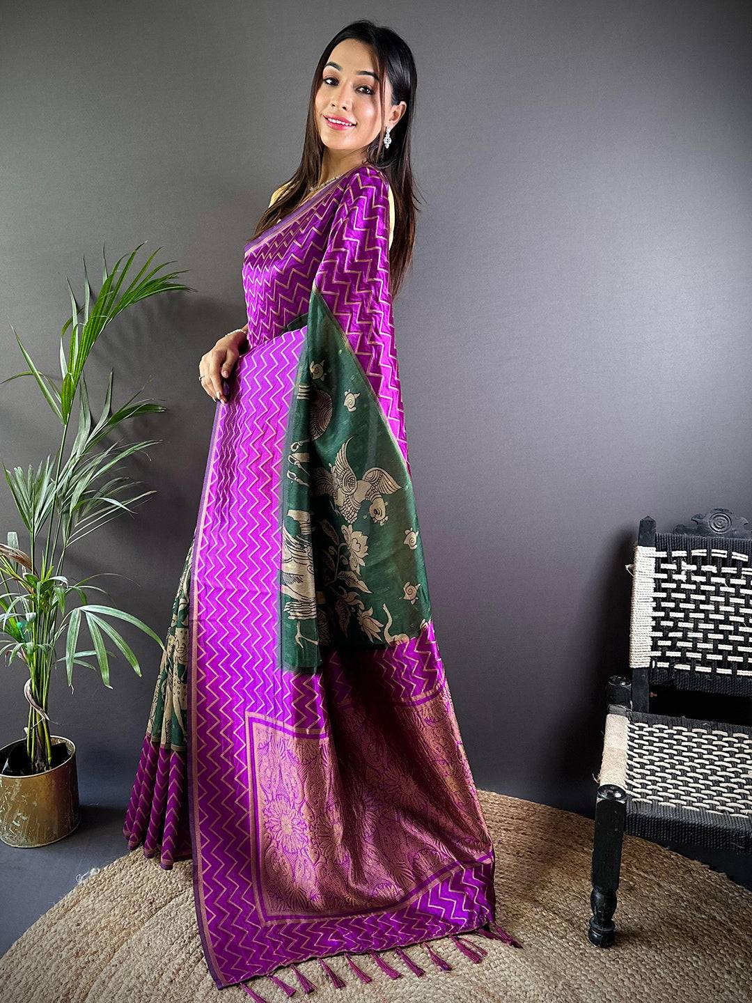 Shop Wine Heritage Weave Kalamkari Soft Silk Saree Wine Heritage Weave Kalamkari Soft Silk Saree