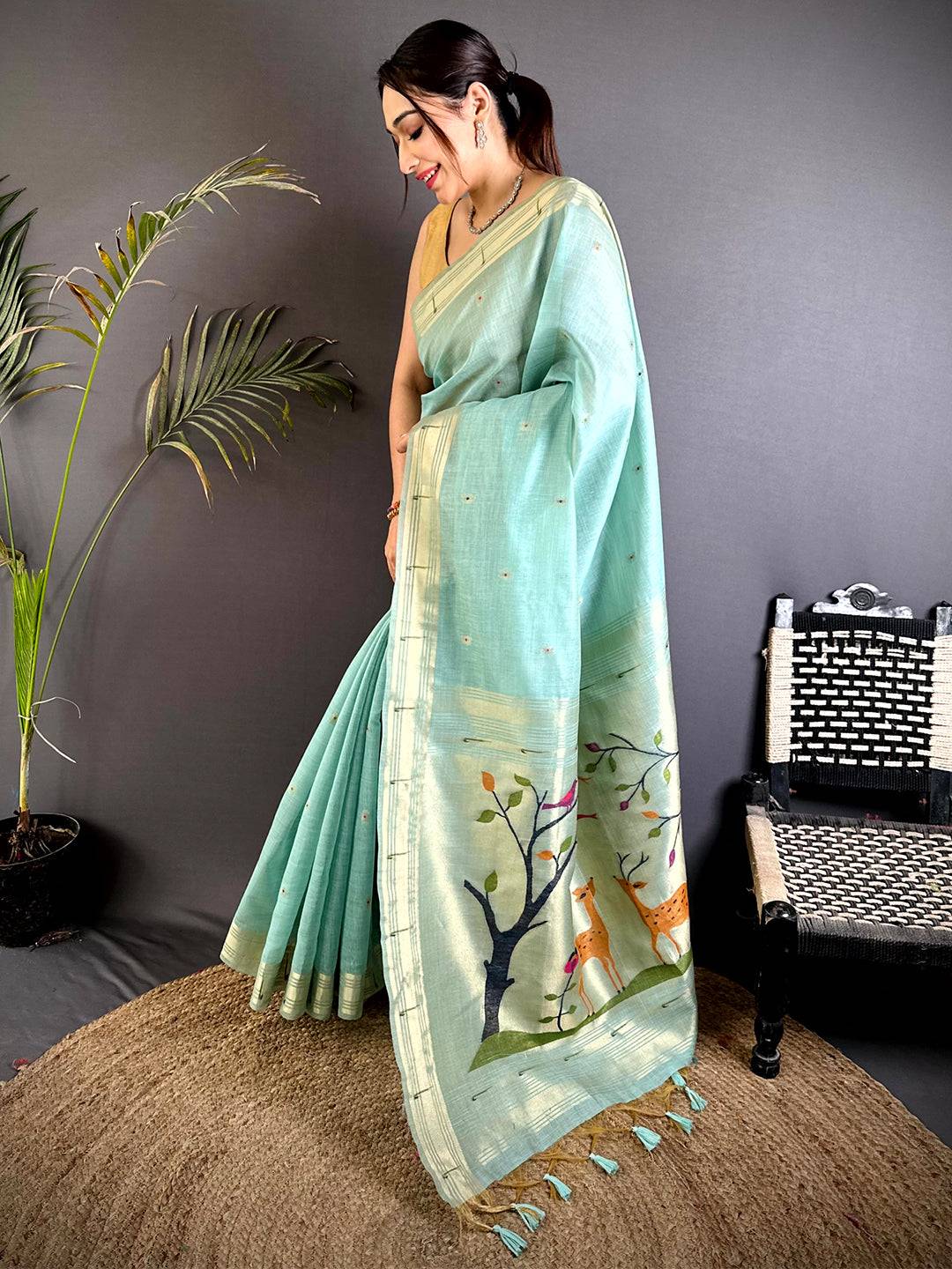 Sky Blue Minakari Paithani Khadi Linen Saree