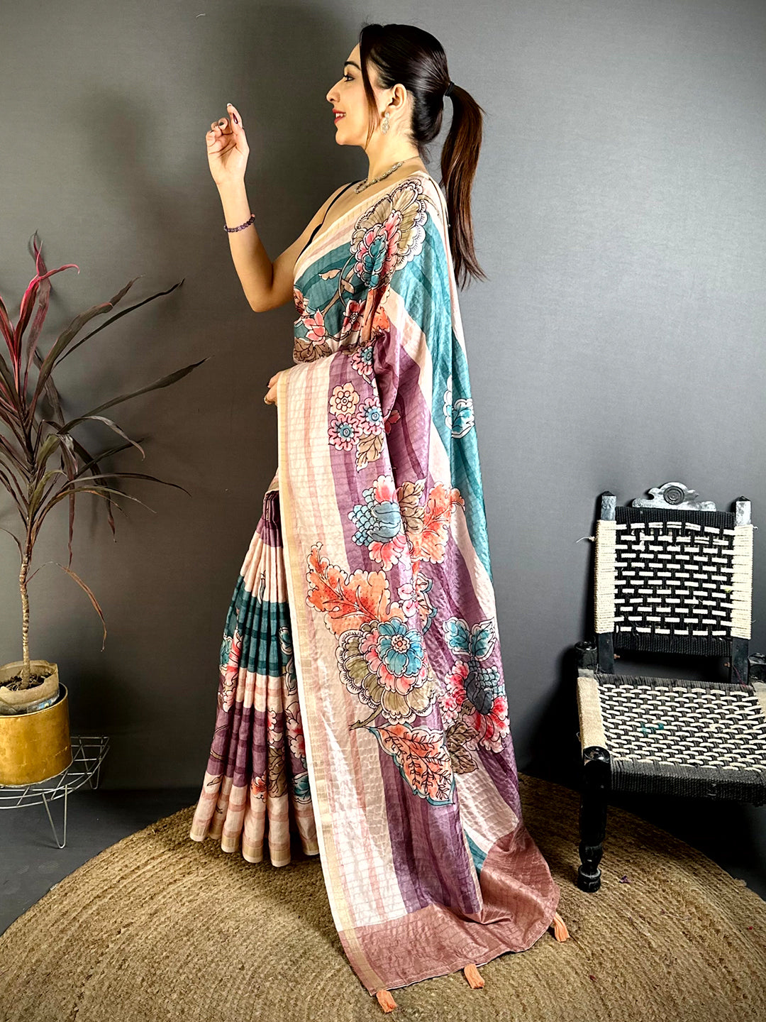 Vibrant Tussar Ghicha Floral Saree