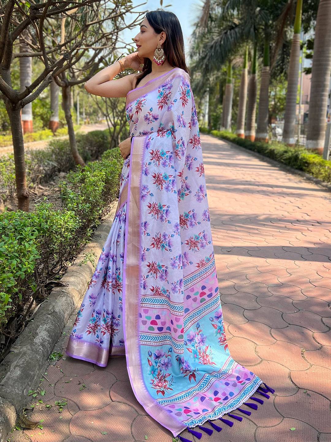 Elegant floral printed Kota saree in light purple