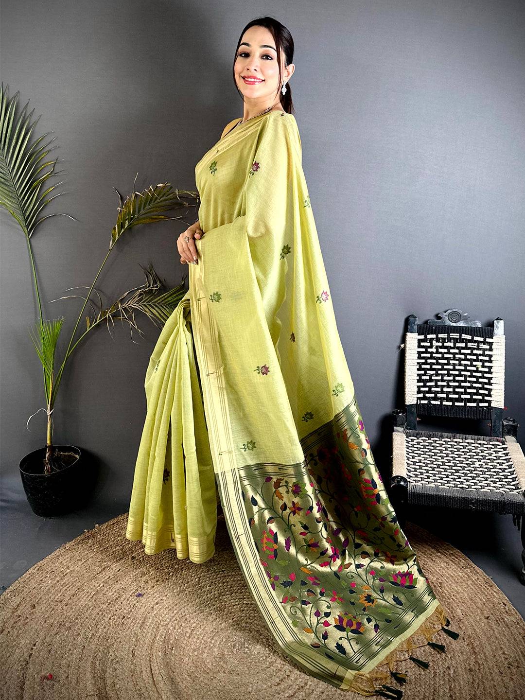 Heritage Minakari Butti Khadi Linen Saree