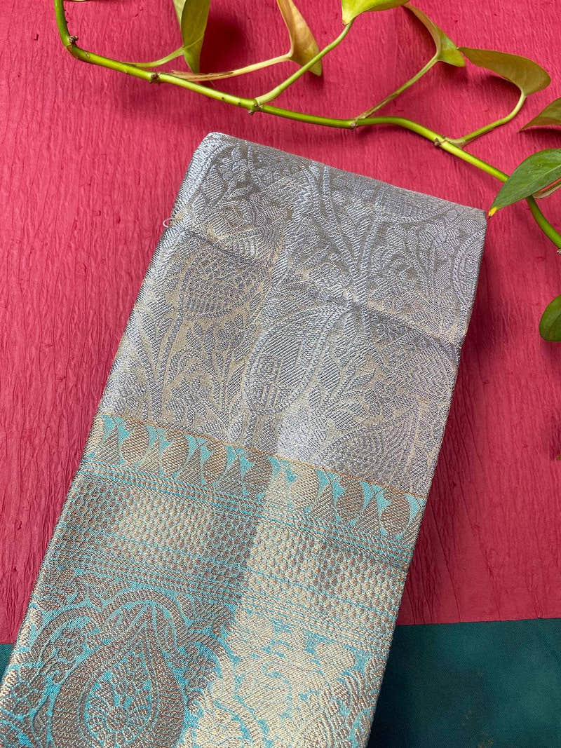 Smoke Grey Dupion Silk With Ethnic Motifs Saree