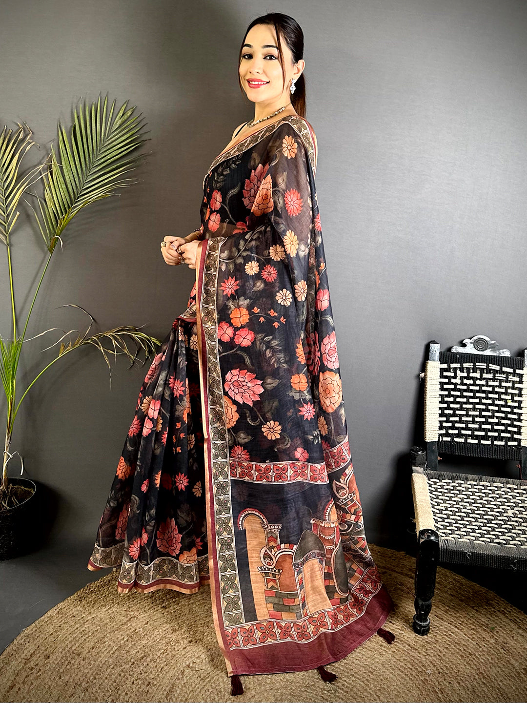 Traditional Floral Kalamkari Soft Linen Saree