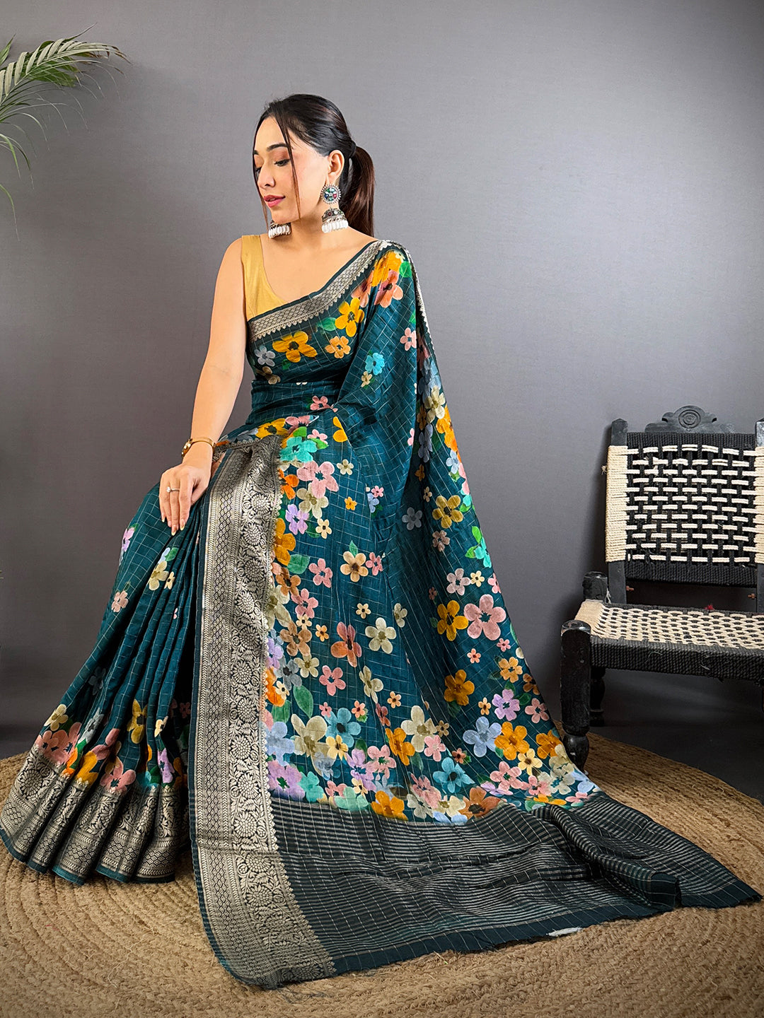 Teal Viscose Kanchi Pattu Border Saree