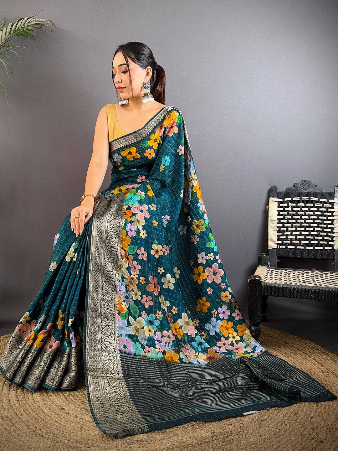 Teal Viscose Kanchi Pattu Border Saree
