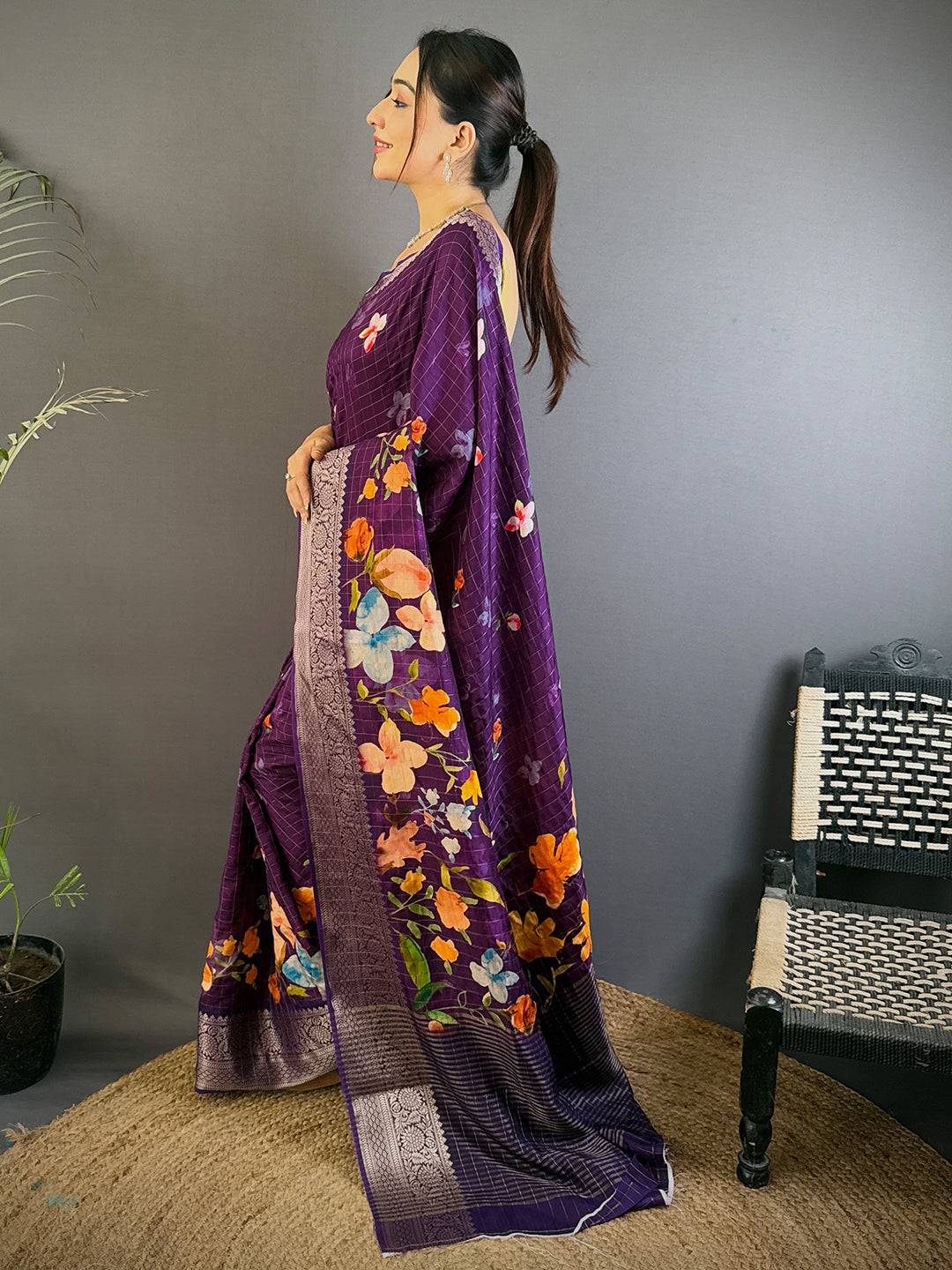 Deep Purple Floral Kalamkari Viscose Saree