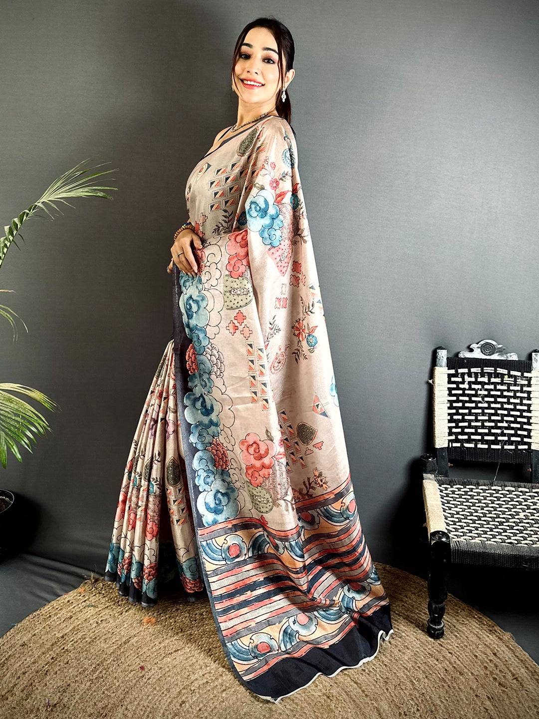 Radiance Floral Kalamkari Tussar Saree