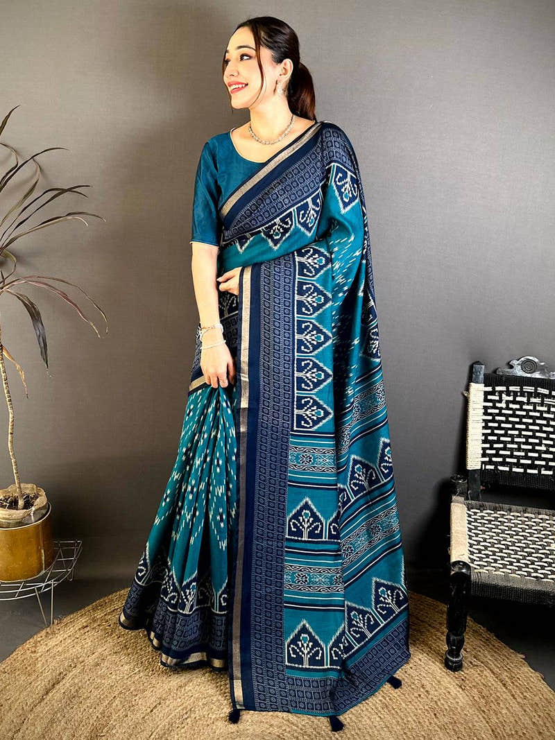 Teal Mul Cotton Ikkat Rudraksha Border Saree