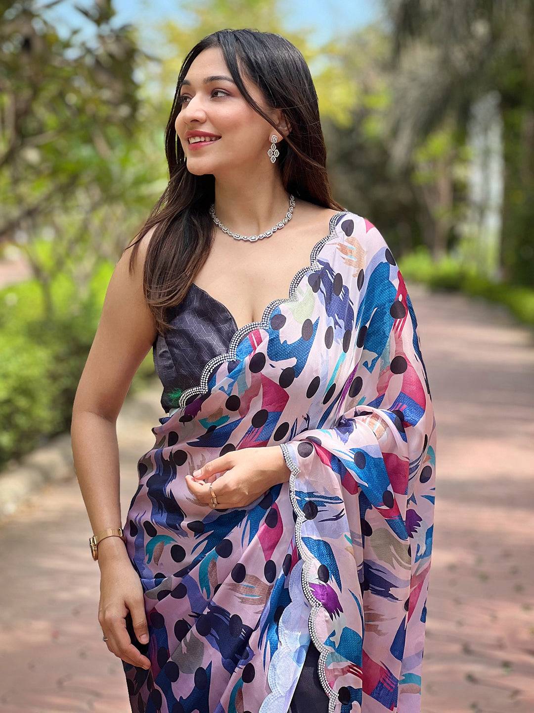 Navy Batik and Polka Dots Print Saree, elegant design