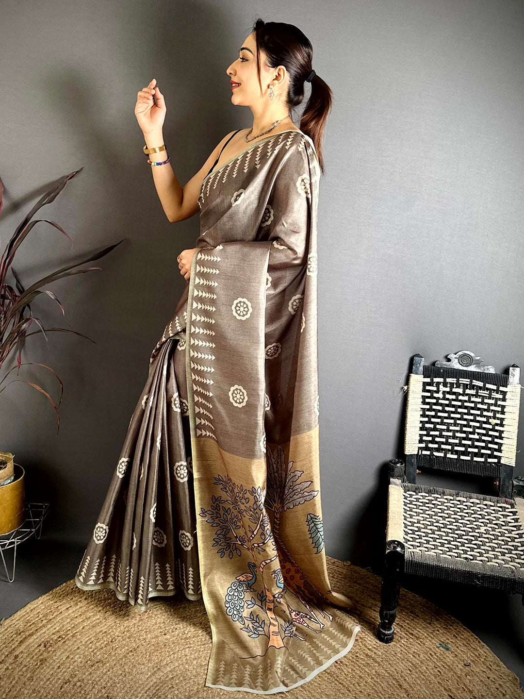 Opulent Geometric Tussar Kalamkari Saree