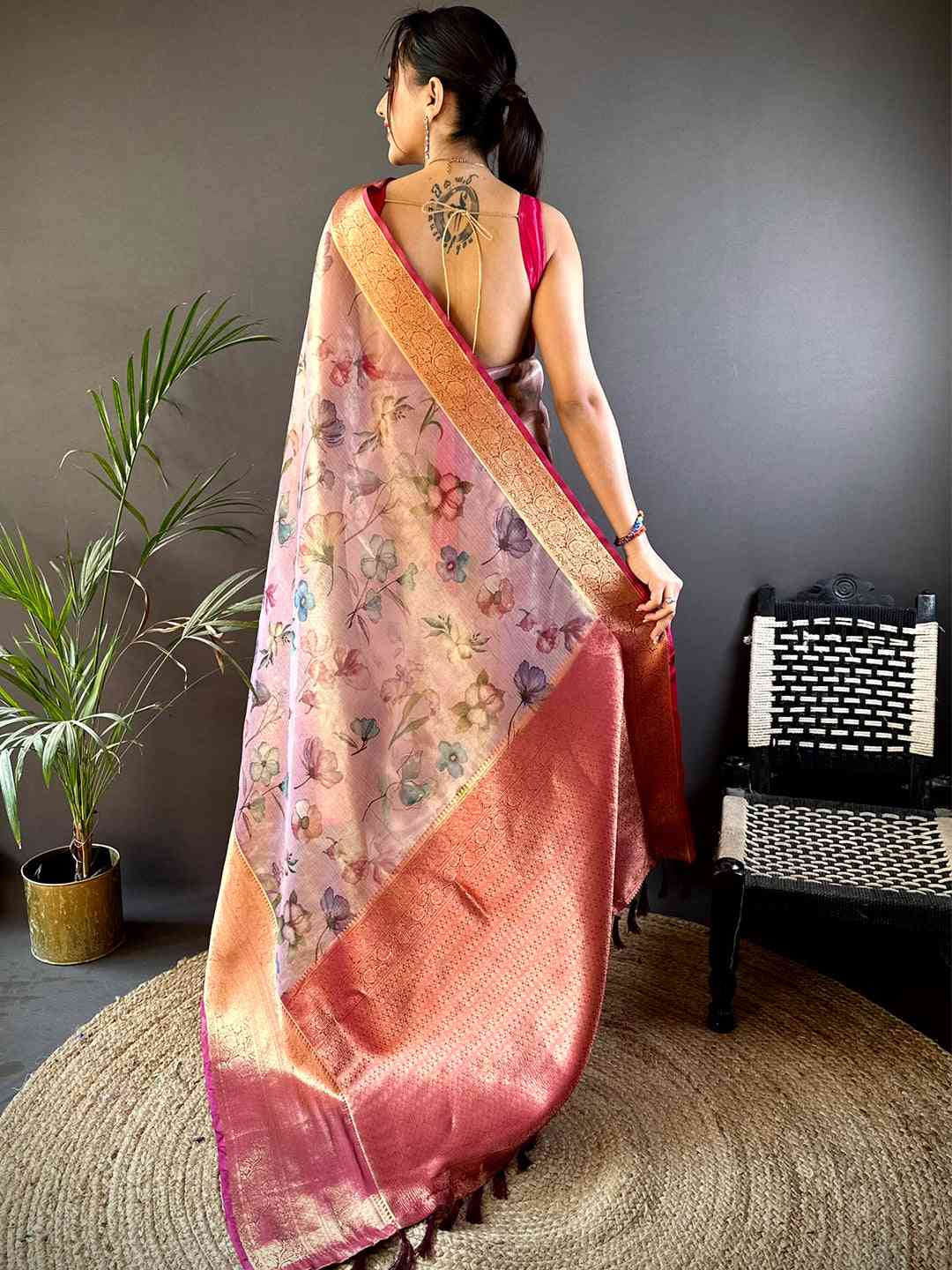 Baby Pink Floral Gold Zari Tissue Saree