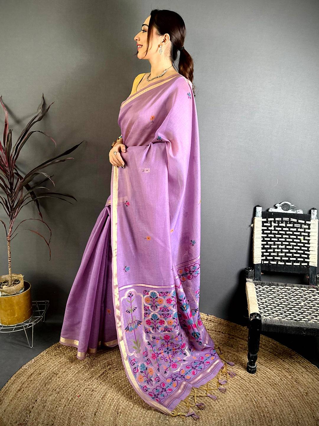 Lavender Minakari Khadi Cotton Saree