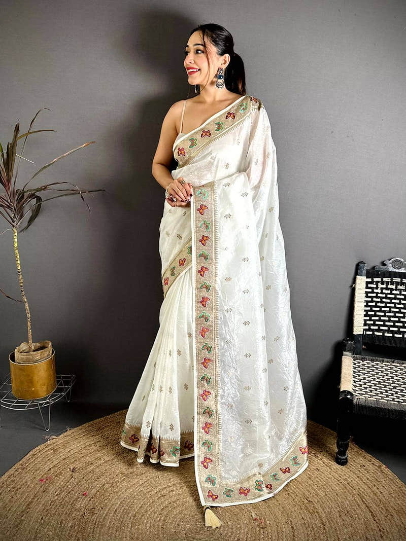 White Crush Silk Zari Embroidered Saree