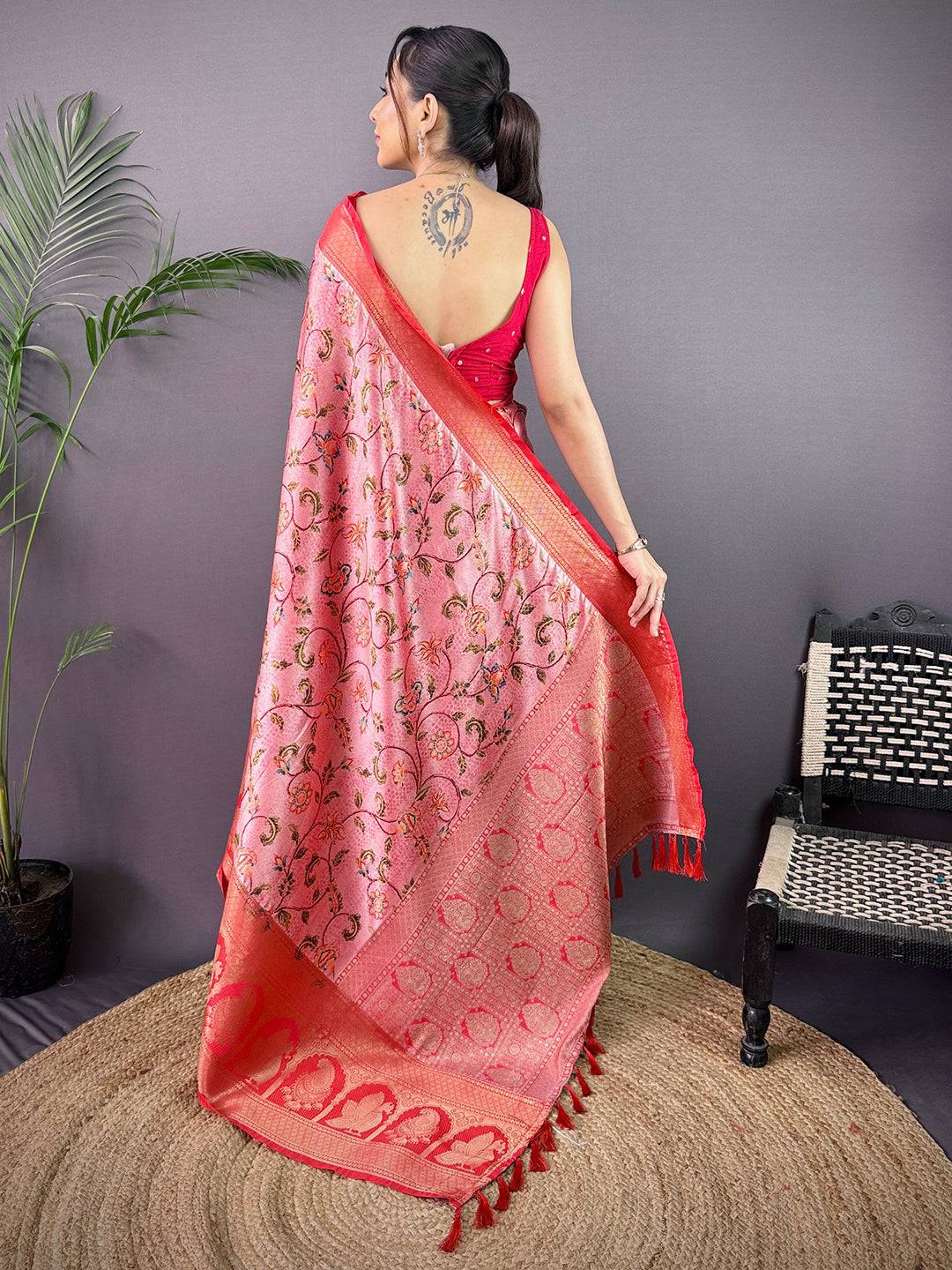 Royal Soft Cherry Satin Kalamkari Print Saree