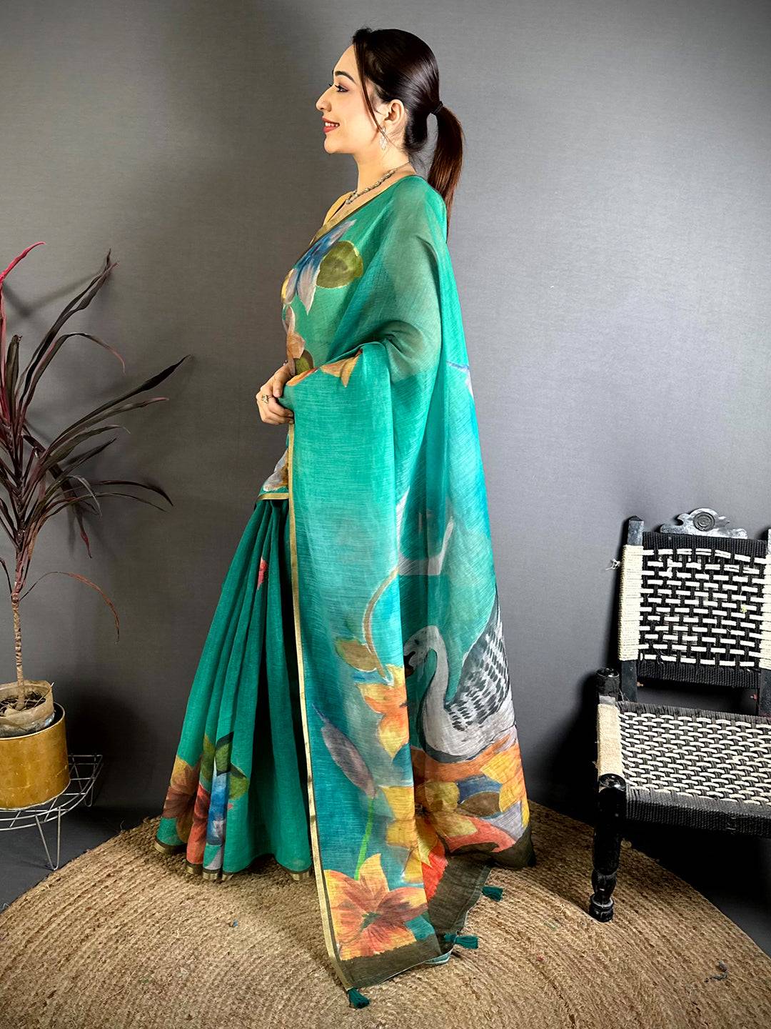 Artistic Kalamkari Linen Chanderi Saree