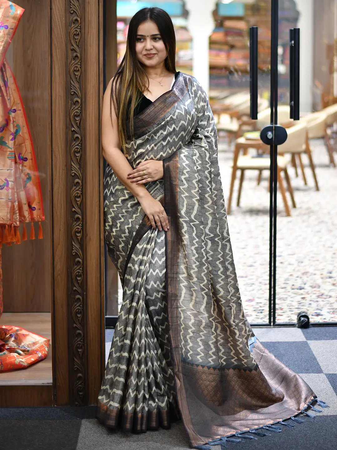 Beautiful Tussar Ghicha Silk Saree with digital print displayed