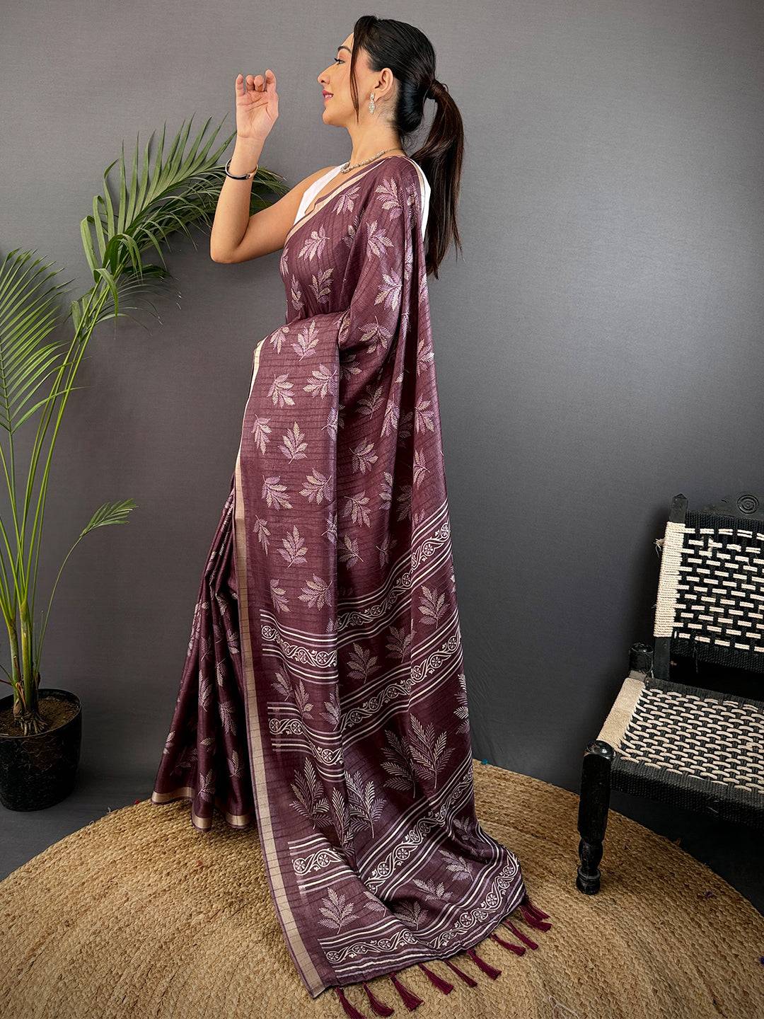 Dark Wine Leaf Print Ghicha Handloom Saree