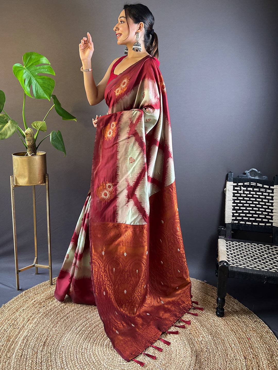 Traditional Maroon Tussar Silk Saree featuring Ikkat Weaving