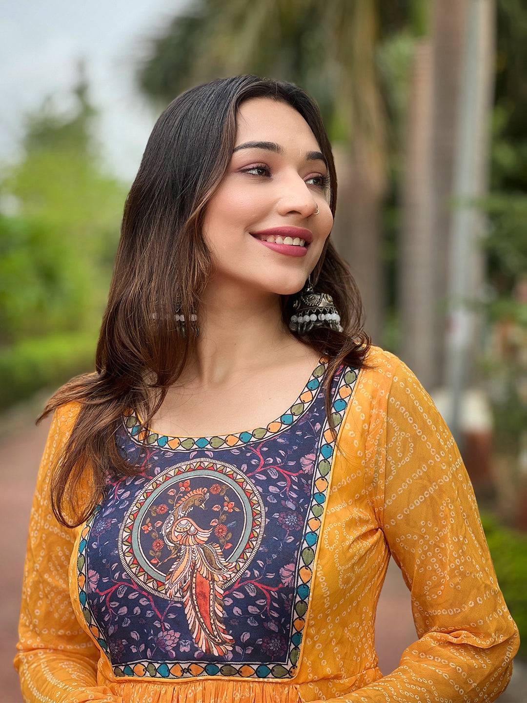 Close-up of Honey Gold Bandhej Dress with Kalamkari