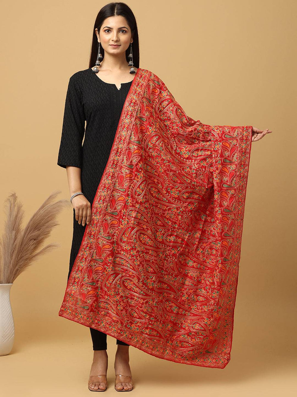 Elegant red poly chiffon pashmina dupatta with threadwork