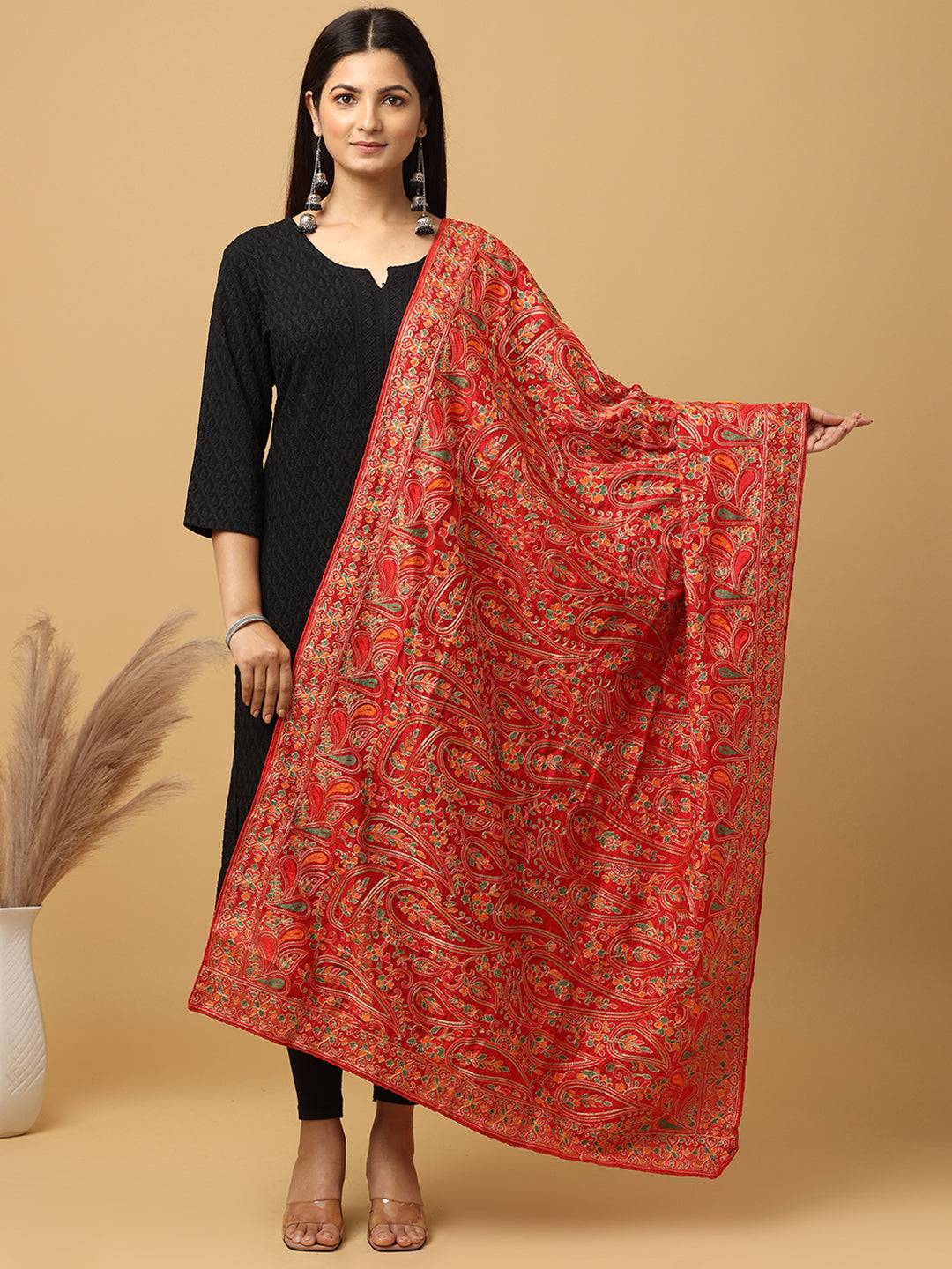 Elegant red poly chiffon pashmina dupatta with threadwork