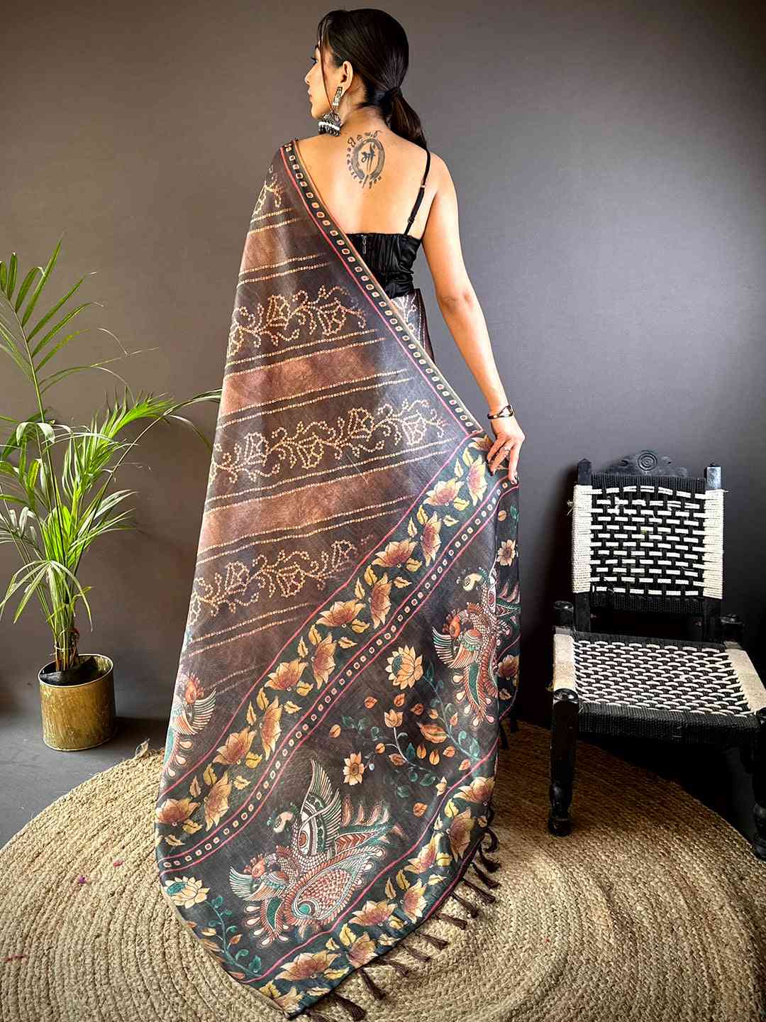 Wine Chanderi Bandhej Digital Print Saree