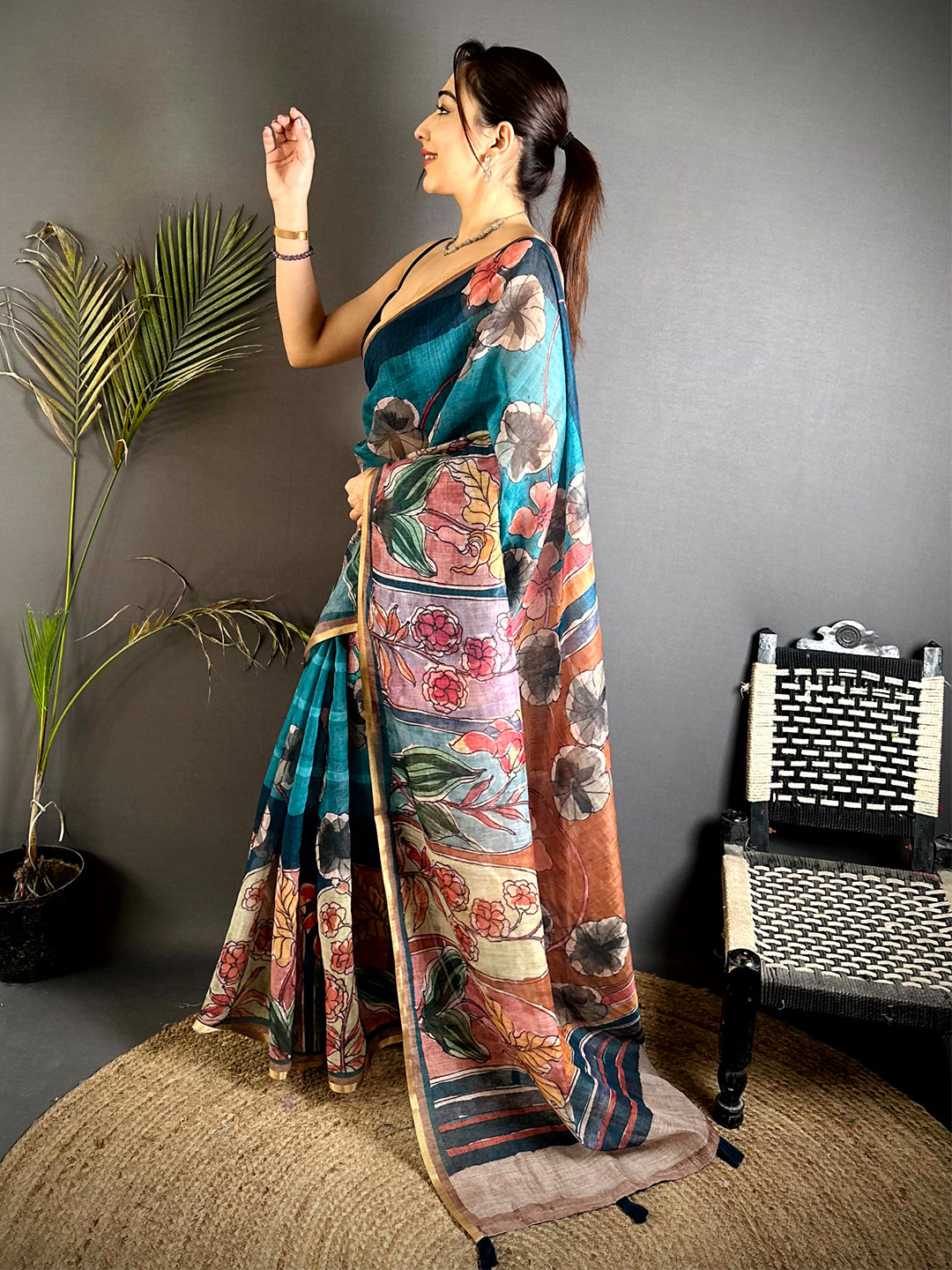 Stylish Hand Block Floral Linen Saree