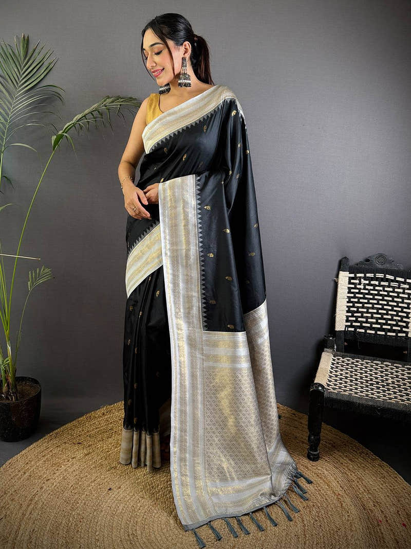 Royal Black Soft Silk Gadwal Saree