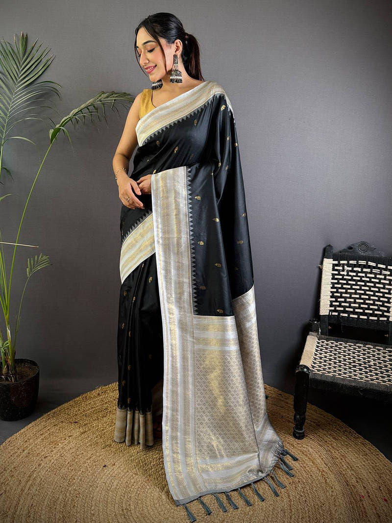 Royal Black Soft Silk Gadwal Saree