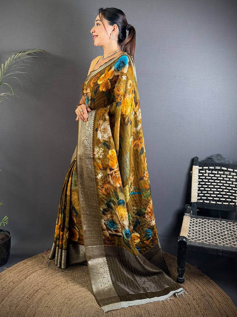 Graceful Olive Pure Viscose Floral Saree