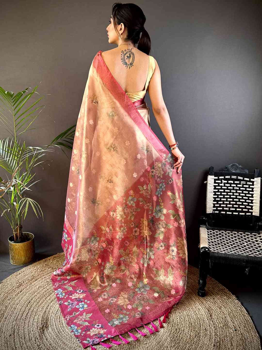 Red Tissue Digital Floral Saree