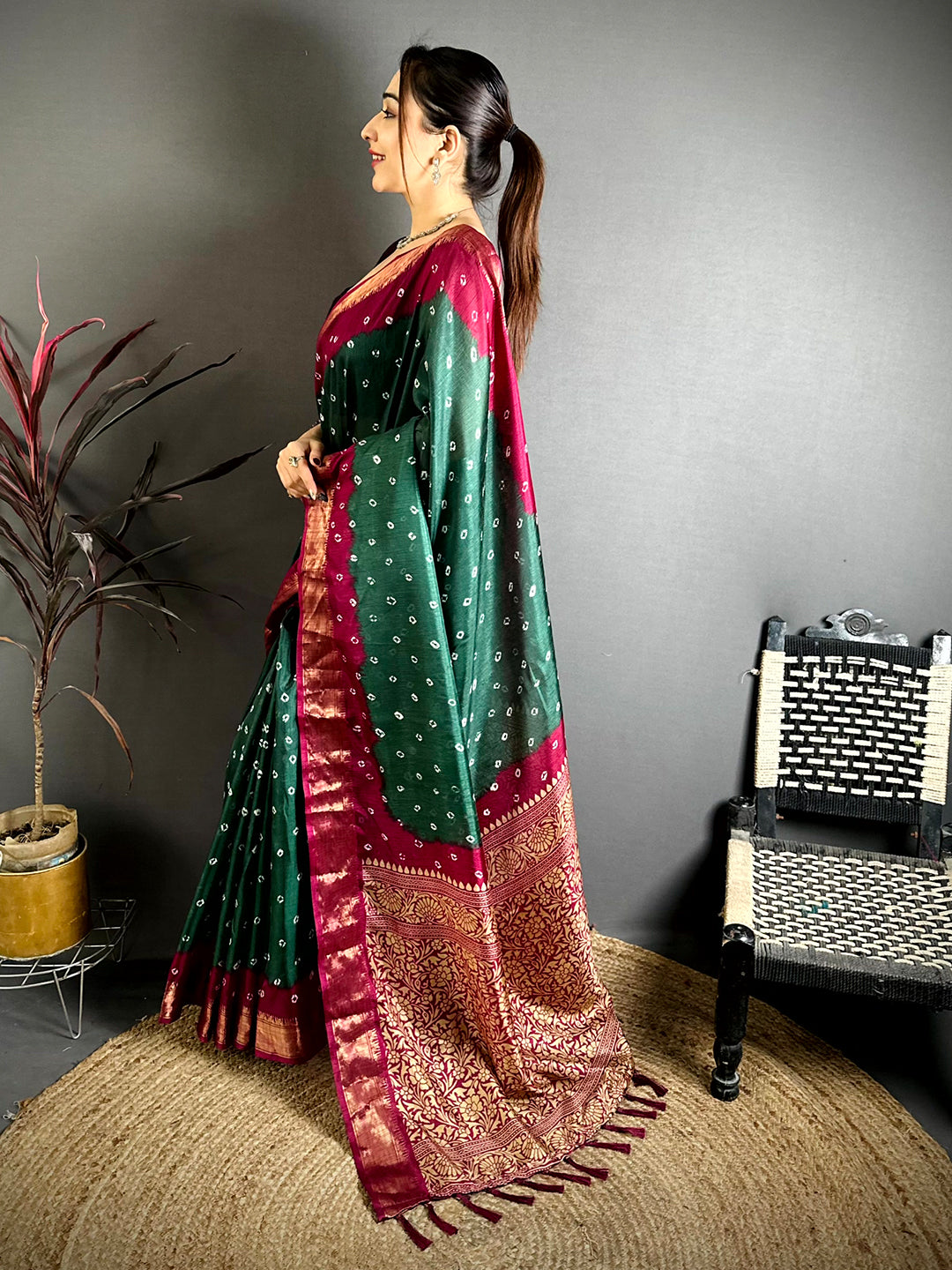 Green Bandhej Printed Dola Silk Saree